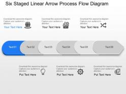 Six staged linear arrow process flow diagram powerpoint template slide
