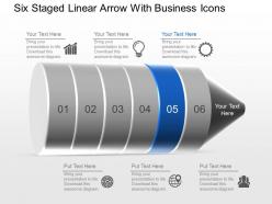 Six staged linear arrow with business icons powerpoint template slide