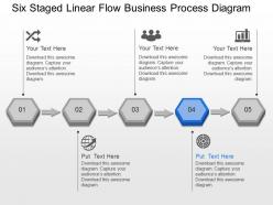 Six staged linear flow business process diagram powerpoint template slide