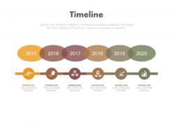Six staged linear timeline with business icons powerpoint slides