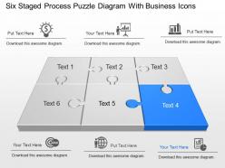 Six staged process puzzle diagram with business icons powerpoint template slide