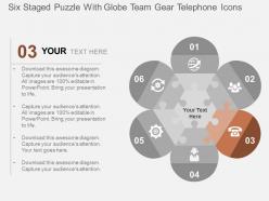 Six staged puzzle with globe team gear telephone icons flat powerpoint design