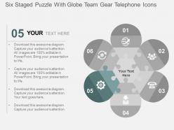 Six staged puzzle with globe team gear telephone icons flat powerpoint design