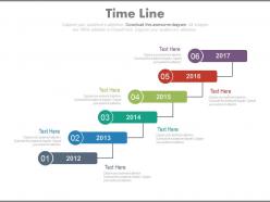 Six staged sequential timeline with years powerpoint slides