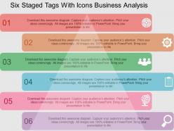 Six staged tags with icons business analysis flat powerpoint design