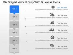 Six staged vertical step with business icons powerpoint template slide
