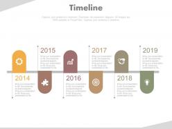 Six staged year based timeline for business target powerpoint slides