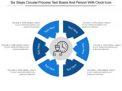 Six steps circular process text boxes and person with clock icon