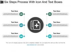 Six steps process with icon and text boxes