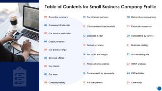 Small Business Company Profile Table Of Contents For Small Business Company Profile