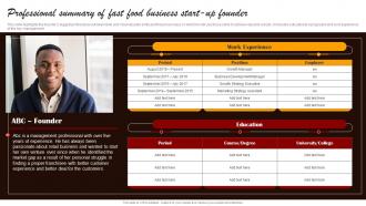 Small Fast Food Business Plan Professional Summary Of Fast Food Business Start Up Founder BP SS