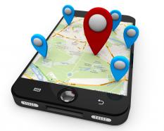 Smart phone with map and multiple locations displayed stock photo