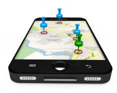 Smartphone with map with clipart pins stock photo