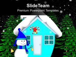 Snowman in front of hut night scene christmas eve powerpoint templates ppt themes and graphics