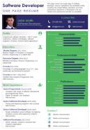Software developer resume one pager presentation report infographic ppt pdf document