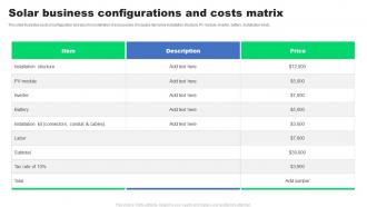 Solar Business Configurations And Costs Matrix