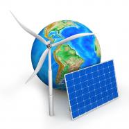 Solar panel and windmill with globe stock photo