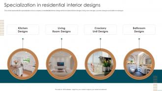 Specialization In Residential Interior Designs Interior Decoration Company Profile Ppt Icons