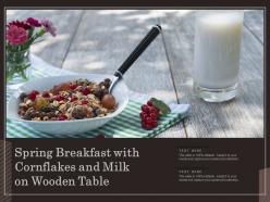 Spring breakfast with cornflakes and milk on wooden table