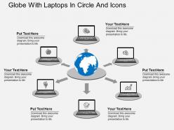 Sq globe with laptops in circle and icons flat powerpoint design