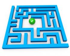 Square maze with green ball in the center for solution stock photo
