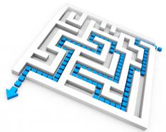 Square maze with solution path for problem solving stock photo