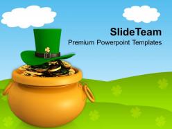 St patricks day date golden pot with coins and green hat templates ppt backgrounds for slides