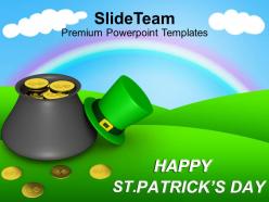 St patricks day date pot of leprechaun gold on rainbow templates ppt backgrounds for slides