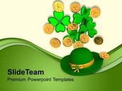 St patricks day green hat with clover bunch shamrock coins templates ppt backgrounds for slides