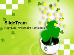 St patricks day pot with shamrock and falling coins festival templates ppt backgrounds for slides