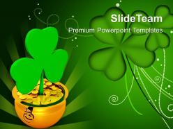 St patricks day shamrock with gold coins green background templates ppt backgrounds for slides