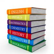 Stack of textbooks with different colors stock photo