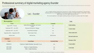 Start A Digital Marketing Agency Professional Summary Of Digital Marketing Agency Founder BP SS