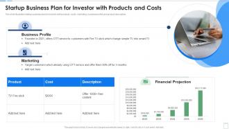 Startup Business Plan For Investor With Products And Costs
