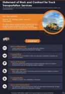 Statement Of Work And Contract For Truck Transportation Services One Pager Sample Example Document
