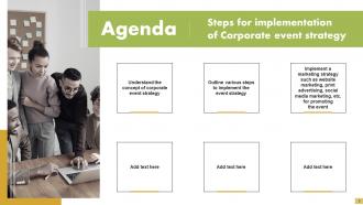 Steps For Implementation Of Corporate Event Strategy Powerpoint Presentation Slides Customizable Content Ready