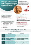 Strategic Plan Overview With Companys Targets And Focus Points Presentation Report Infographic PPT PDF Document