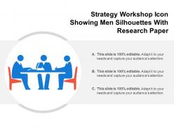 Strategy workshop icon showing men silhouettes with research paper