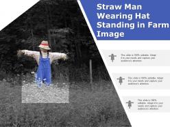 Straw man wearing hat standing in farm image