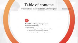Streamlined Buzz Marketing Techniques Table Of Contents MKT SS V