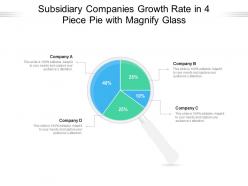 Subsidiary companies growth rate in 4 piece pie with magnify glass
