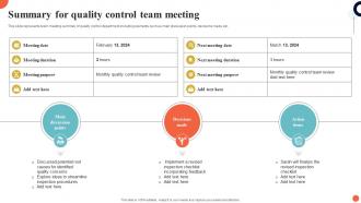 Summary For Quality Control Team Meeting