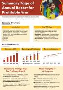 Summary Page Of Annual Report For Profitable Firm Presentation Report Infographic PPT PDF Document