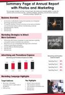 Summary page of annual report with photos and marketing presentation report infographic ppt pdf document