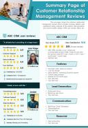 Summary page of customer relationship management reviews presentation report infographic ppt pdf document