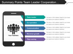 Summary points team leader cooperation revenue growth time saving