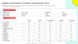 Supplier Performance Evaluation Questionnaire Supplier Performance Assessmentand