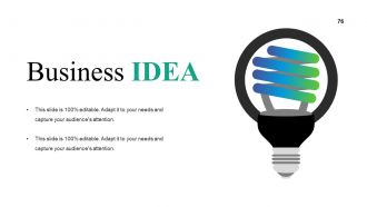 A slide titled Business IDEA featuring a light bulb icon with colorful spiral lines inside