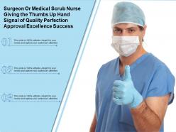 Surgeon or medical scrub nurse giving thumbs up hand signal of quality perfection approval excellence success