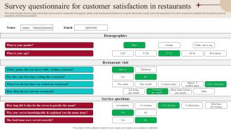 Survey Questionnaire For Customer Satisfaction In Restaurants Survey SS